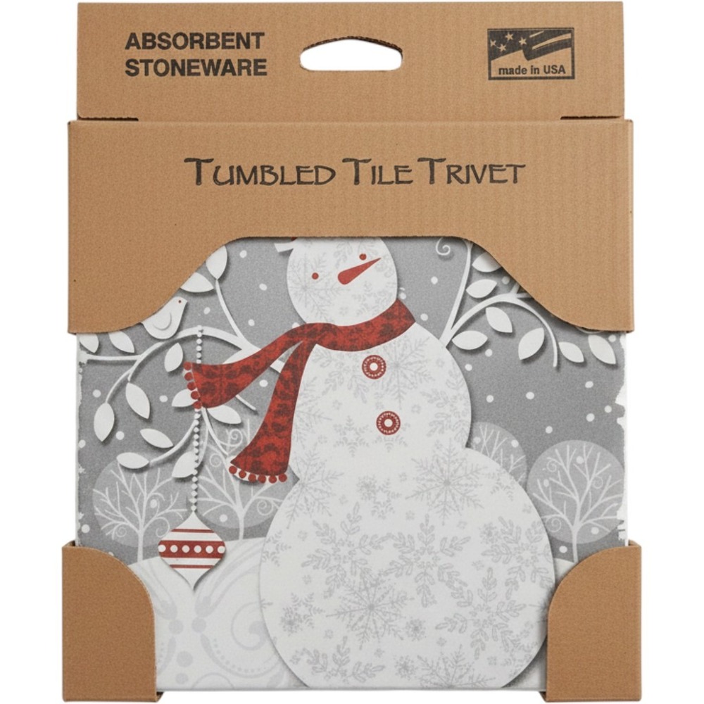 CounterArt Tumbled Tile Trivet  7x7 Grey Snowman Holiday Decor